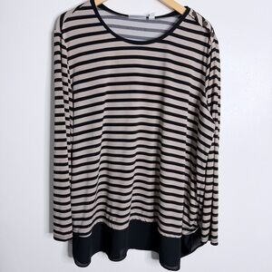 Susan Graver Tan & Black Stripe Tunic 2X Shoulder Button Detail